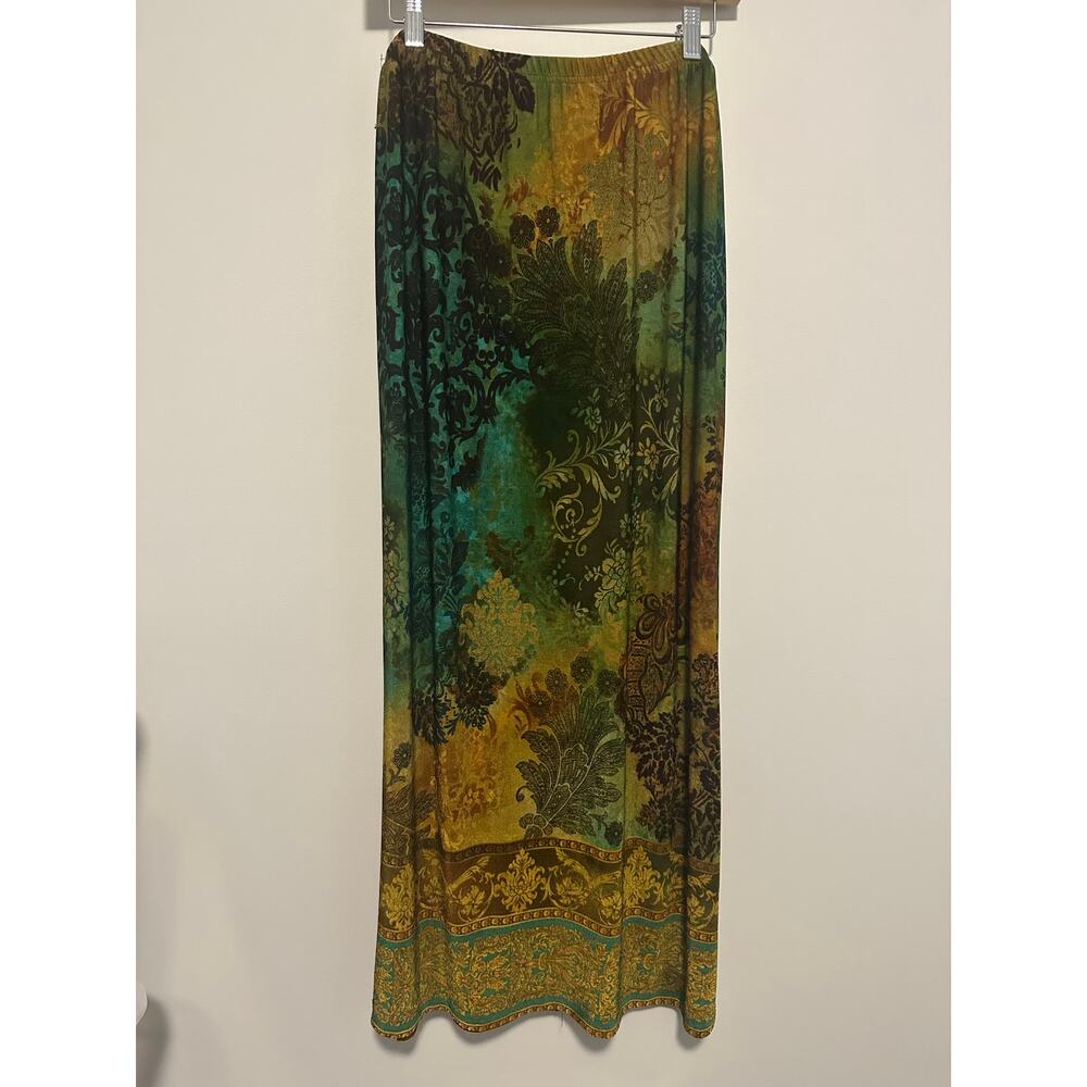 Coldwater Creek 1X Boho Paisley Maxi Skirt Green Gold Stretch Pull-On Earth Boho
